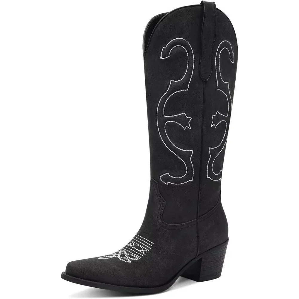 Women's Black Mid Calf Cowgirl Pointed Toe Chunky Heel Fashion Cowboy Boots